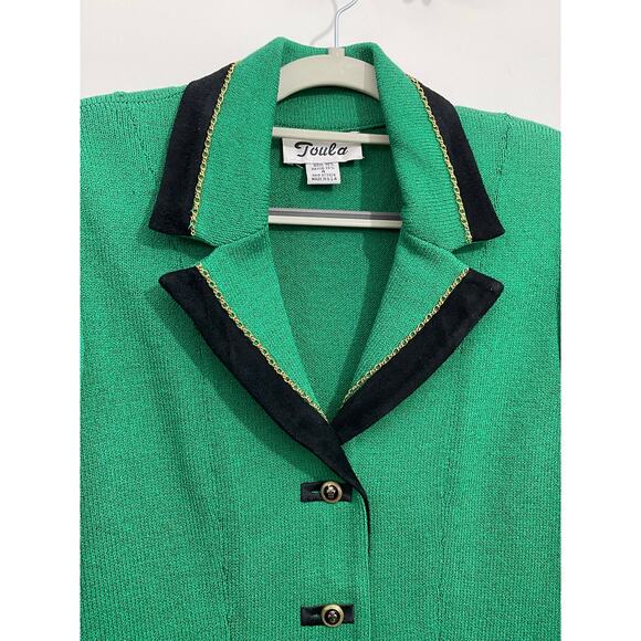 Toula Santana Knit Jacket Size 4 Kelly Green Wool Blend Fleur De Lis Button NWT - Picture 2 of 7
